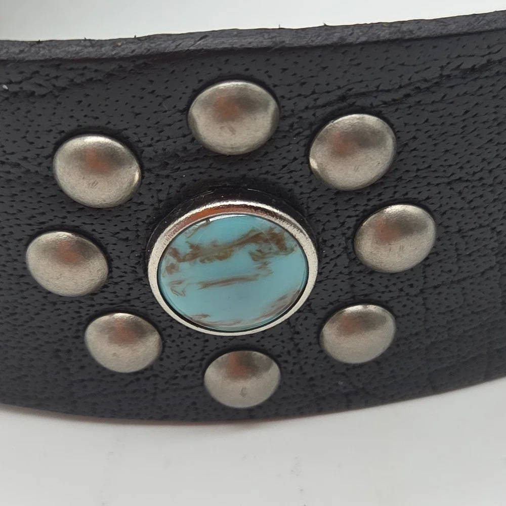 Vintage Boho Genuine Leather Belt Turquoise Stone Medallion Buckle Western LARGE
